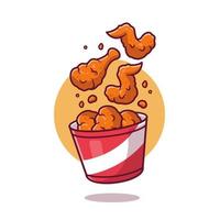 frango frito voador com ilustração de ícone de vetor de desenho de balde. conceito de ícone de fast-food isolado vetor premium. estilo de desenho animado plano