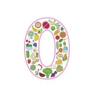 ícone de colagem de comida e bebida definido a partir do número 0. conjunto de vetores de alérgenos essenciais e ícones de linha de dieta. conjunto de ícones de comida editável.