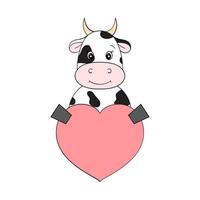 vaca bonita com um coração. cartão de dia dos namorados no estilo kawaii. para o design de impressões, cartazes, adesivos, cartões e assim por diante. ilustração vetorial em fundo branco vetor