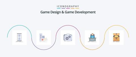 design de jogos e desenvolvimento de jogos flat 5 icon pack incluindo legenda. jogos. Toque. trabalhos. Produção vetor