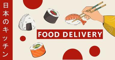comida asiática, comida japonesa. para locais de entrega, rolos de sushi onigiri molho de soja, ramen, wok, macarrão vetor