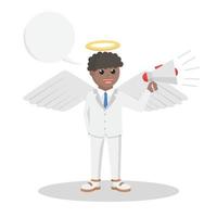 anjo empresário africano com megafone com ilustração de design de texto explicativo sobre fundo branco vetor