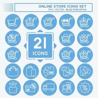 loja online de conjunto de ícones. relacionado ao símbolo da loja online. estilo de olhos azuis. ilustração simples. fazer compras vetor