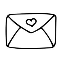 envelope de doodle desenhado à mão com coração. vetor carta de amor clipart. contorno.