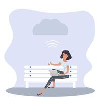 mulher sentada em um banco trabalhando em um laptop vetor