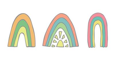 conjunto de arco-íris pastel desenhado à mão. elementos decorativos para impressão de cartões, crianças e roupas de bebê vetor