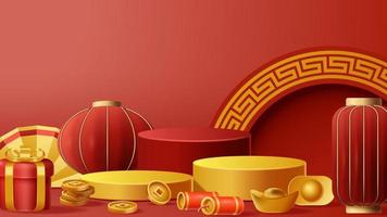 fundo de decoração de pódio de exibição de ano novo chinês com ornamento chinês. ilustração vetorial 3d vetor