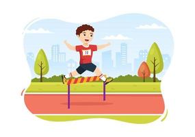 atleta infantil correr obstáculo salto em distância ilustração do jogo do esportista em obstáculo correndo para banner da web ou página de destino em modelos desenhados à mão de desenho animado vetor