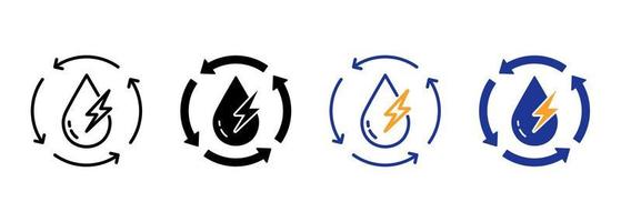 energia hidrelétrica renovável, gota d'água com linha de relâmpagos e setas e conjunto de ícones de silhueta. coleção de símbolo de energia eco verde hidrelétrica em fundo branco. ilustração vetorial isolada. vetor
