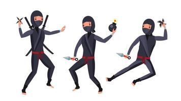 vetor de guerreiro ninja. Traje Preto. mostrando diferentes ações com armas. ilustração plana isolada dos desenhos animados