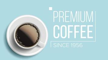 vetor de fundo de café premium. vista superior do pano de fundo azul. caneca de café branco realista. bebida quente de cafeína. ilustração