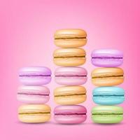 vetor de conjunto de macarons. macaroons franceses doces coloridos na ilustração de fundo rosa.