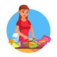 vetor de lancheira. mulher fazendo saboroso almoço vegetariano. comida saudável. mãe fazendo café da manhã para seus filhos. ilustração plana dos desenhos animados