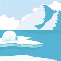iceberg ártico e montanhas com iglu vetor