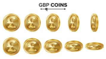 conjunto de vetores de moedas de ouro 3d gbp. ilustração realista. inverta ângulos diferentes. frente do dinheiro. conceito de investimento. ícones de moedas financeiras, sinal, símbolo de dinheiro bancário de sucesso. moeda isolada no branco