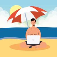 homem usando laptop na praia, cena de verão vetor