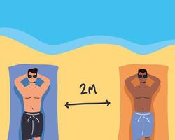 homens tomando banho de sol com distância social na praia vetor