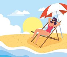 mulher tomando banho de sol na praia, cenário de verão vetor
