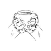 esboço desenhado de mão de mãos segurando uma xícara de café, chá etc. ilustração vetorial isolada no fundo branco. vetor