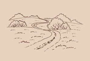 paisagem rural com estrada e árvore. mão desenhada ilustração convertida em vetor. vetor