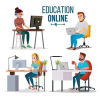 vetor de conceito on-line de educação. pessoas que usam o serviço de educação on-line, é claro. conceito de ciência de e-learning. ilustração plana isolada dos desenhos animados
