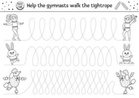 planilha de prática de caligrafia de circo vetorial. atividade em preto e branco imprimível de show de diversões para crianças em idade pré-escolar. jogo de rastreamento para habilidades de escrita. ajude as ginastas a andar na corda bamba vetor