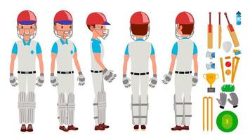 vetor de jogador de críquete profissional. jogadores equipados. almofadas, morcegos, capacete. isolado na ilustração de personagem de desenho animado branco