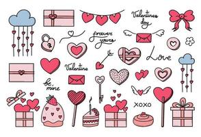 dia dos namorados vetor mão desenhada conjunto de rabiscos. ícones bonitos do amor romântico para aniversário, casamento.