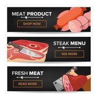 vetor de banners promocionais horizontais de produtos de carne. linguiça bovina e suína. para promoção de açougue. ilustração isolada
