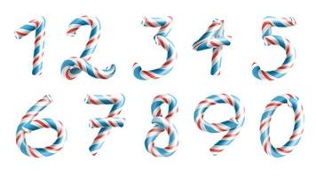 vetor de conjunto de sinal de números. numerais 3D. figuras 1, 2, 3, 4, 5, 6, 7, 8, 9, 0. cores de natal. vermelho, azul listrado. cana-de-açúcar clássica de menta de natal. projeto de ano novo. isolado na ilustração branca