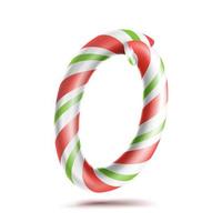 0, vetor número zero. sinal de número 3D. figura 0 em cores de natal. vermelho, branco, verde listrado. bastão de doces duros de menta de natal clássico. projeto de ano novo. isolado na ilustração branca