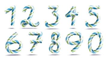 vetor de conjunto de sinal de números. numerais 3D. figuras 1, 2, 3, 4, 5, 6, 7, 8, 9, 0. cores de natal. azul, verde listrado. cana-de-açúcar clássica de menta de natal. projeto de ano novo. isolado na ilustração branca