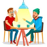 dois amigos de homem bebendo vetor de café. melhores amigos no café. sentados juntos no restaurante. divirta-se. conceito de pequeno-almoço de comunicação. ilustração plana isolada dos desenhos animados