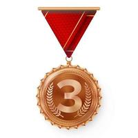 vetor de medalha de bronze. rótulo de campeonato redondo. prêmio de desafio de competição. laço vermelho. isolado no branco. ilustração realista.