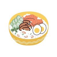 arroz com salmão, cogumelos e ovo. ilustração vetorial desenhada à mão em estilo simples vetor