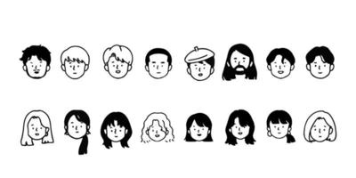 perfil de avatares de contorno definido trabalhadores de escritório, estilo de ícone desenhado à mão, vetor de linha plana.