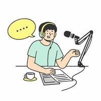 jovem grava um podcast, programa de rádio online. pessoas com fones de ouvido estão falando em um microfone. o conceito de podcasting, broadcasting.outline doodle caracteres vetoriais isolados no branco vetor