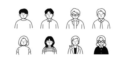 perfil de avatares de contorno definido trabalhadores de escritório, estilo de ícone desenhado à mão, vetor de linha plana.