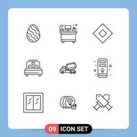 9 ícones criativos, sinais modernos e símbolos de sabão de caminhão de construção, casamento, amor, elementos de design de vetores editáveis