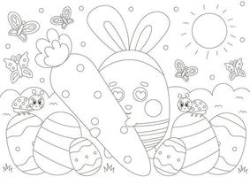 página de colorir fofa para férias de páscoa com buuny personagem segurando cenoura gigante e flores vetor