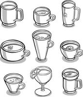 conjunto de várias xícaras com chá ou café. vista lateral. vetor desenhado à mão