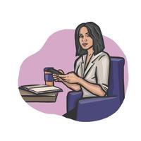 trabalho remoto de uma mulher por trás da cor on-line do telefone, ilustração vetorial do site vetor