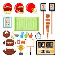 vetor de conjunto de ícones de futebol americano. acessórios de futebol americano. capacete, bola, copa, campo. ilustração plana isolada dos desenhos animados