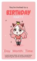 cartão de convite vertical de feliz aniversário com garota de anime kawaii de desenho animado. ilustração vetorial para celebrar a data de nascimento. web ou design de impressão. vetor