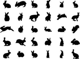silhuetas de coelhinhos da páscoa isoladas em um fundo branco. conjunto de diferentes silhuetas de coelhos para uso de design. vetor