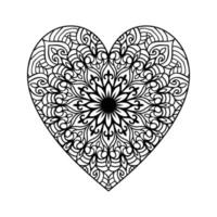 coração com padrão de mandala floral, padrão floral de mandala em forma de coração para livro de colorir, doodle de mandala floral de coração desenhado à mão, página de coloração de mandala de coração para adulto vetor