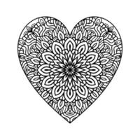 coração com padrão de mandala floral, padrão floral de mandala em forma de coração para livro de colorir, doodle de mandala floral de coração desenhado à mão, página de coloração de mandala de coração para adulto vetor