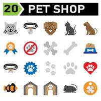 conjunto de ícones de loja de animais de estimação inclui gato, animal de estimação, animal, emoticon, cara, colarinho, cachorro, Etiqueta, Pista, animais de estimação, medalha, Prêmio, pata, concurso, Atenção, atenção, alerta, osso, Comida, mastigar, brinquedos, nutrição, refeição , realização vetor