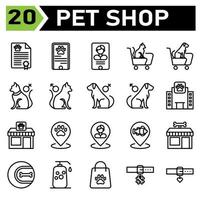 conjunto de ícones para pet shop inclui certificado, animal, animal de estimação, loja, passaporte, telefone, pet shop, gato, cachorro, médico, veterinário, carrinho, gênero, fêmea, masculino, hospital, construção, pata, comida, alfinete, mapa, peixe, osso vetor