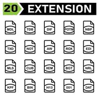 ícone de extensão de arquivo incluem mdl, tdb, dif, potm, nbp, txd, not, aw, rox, edi, mls, cub, xem, bgt, nrl, kpf, bin, h13, 001, dat, file, document, extension, ícone, tipo, conjunto, formato, vetor, símbolo vetor